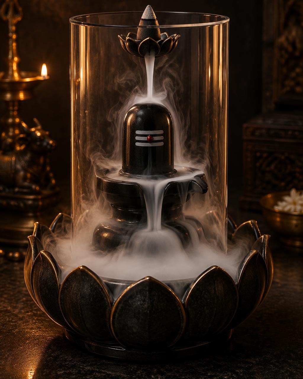 Shivling backflow incense smoke fountain with smoke falling over the Shivling